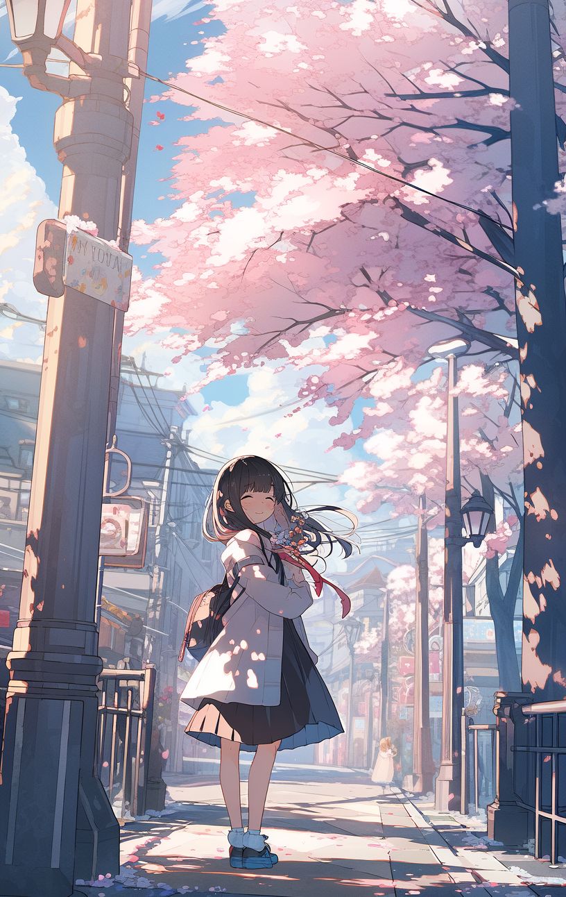 NC MKT manga and anime asian girl walking amidst pink cherry bl 9b72f9fc f268 4266 849f bfe2f9b0297d
